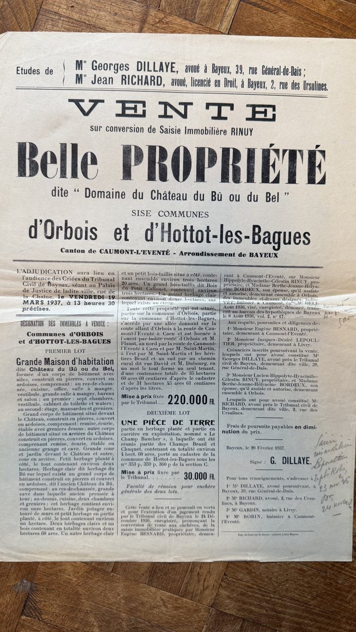 L'affiche de la vente sur saisie du 19 mars 1937, imprimée en noir sur papier jaune